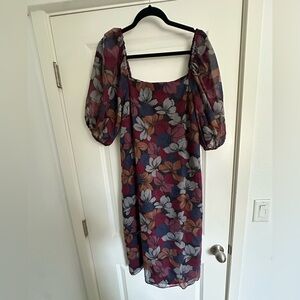 Vintage Floral Midi Dress with Puff Sleeves